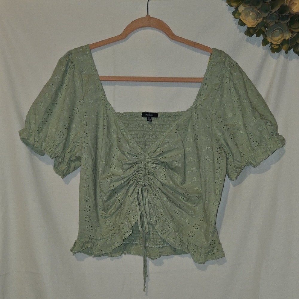 Ambiance Green Eyelet Puff Sleeve Ruched Crop Blouse Size 3X